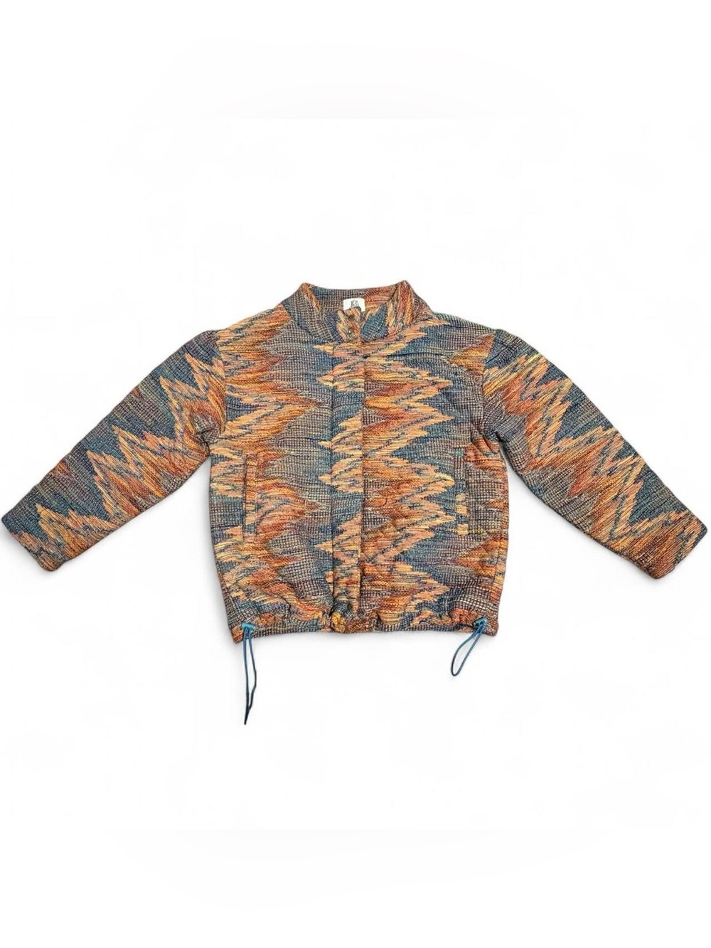multi colored patterned jacket with blue interior and drawstring waist